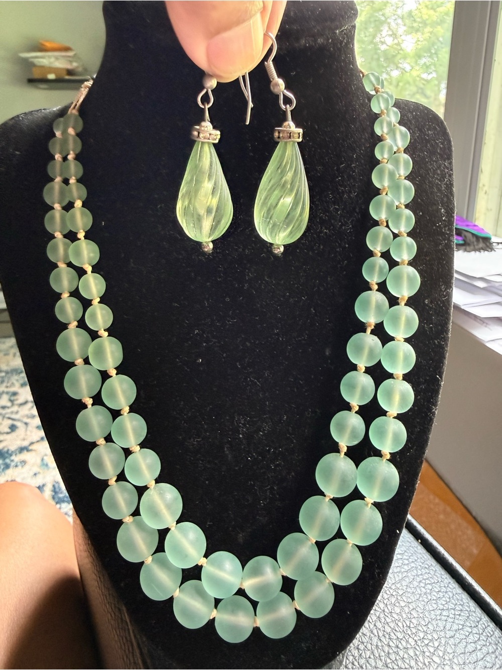 Seafoam Glass Bead Necklace & Teardrop Earrings Set - Women Jewelry